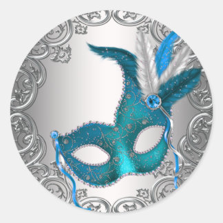 Turquoise Blauwe Zilveren Masker Maskerade Envelop Ronde Sticker