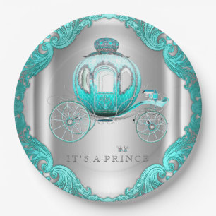 Turquoise Blauwe Zilveren Prins Baby Shower Papieren Bordje