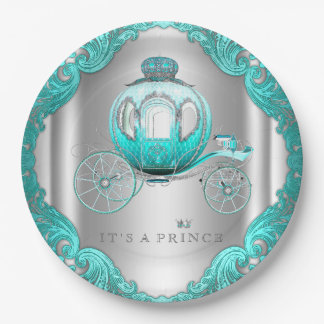 Turquoise Blauwe Zilveren Prins Baby Shower Papieren Bordje