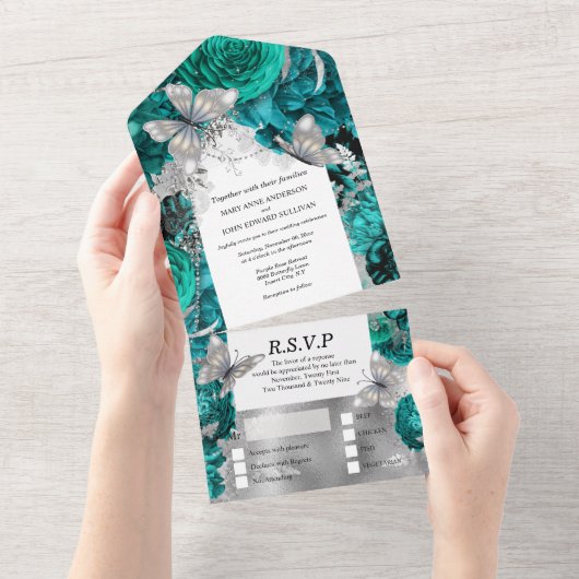 Turquoise blauwe zilveren vlinder glinstering glan all in one uitnodiging (Afscheurbaar)