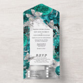 Turquoise blauwe zilveren vlinder glinstering glan all in one uitnodiging (Binnen)