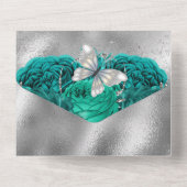 Turquoise blauwe zilveren vlinder glinstering glan all in one uitnodiging (Achterkant)