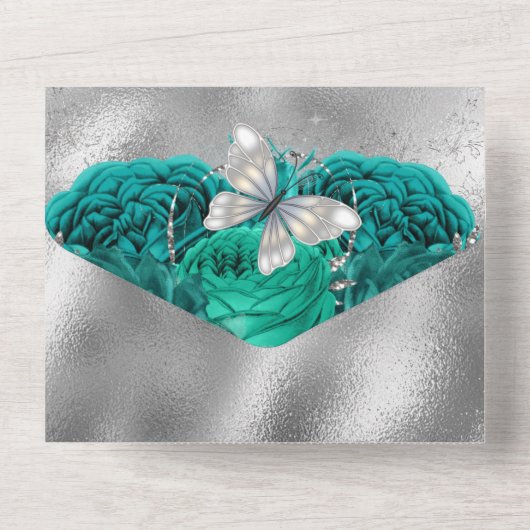 Turquoise blauwe zilveren vlinder glinstering glan all in one uitnodiging (Achterkant)