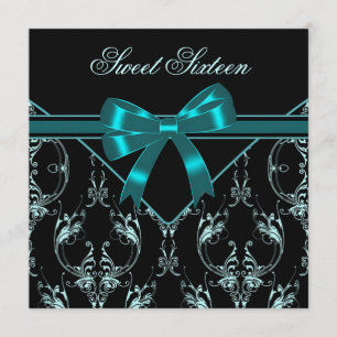 Turquoise Blauwe Zwarte Damast Sweet 16 Feest Kaart