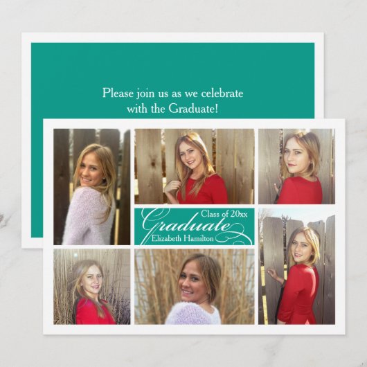 Turquoise Blauwgroen 6 Photo Collage Custom Afstud Kaart (Voorkant / Achterkant)