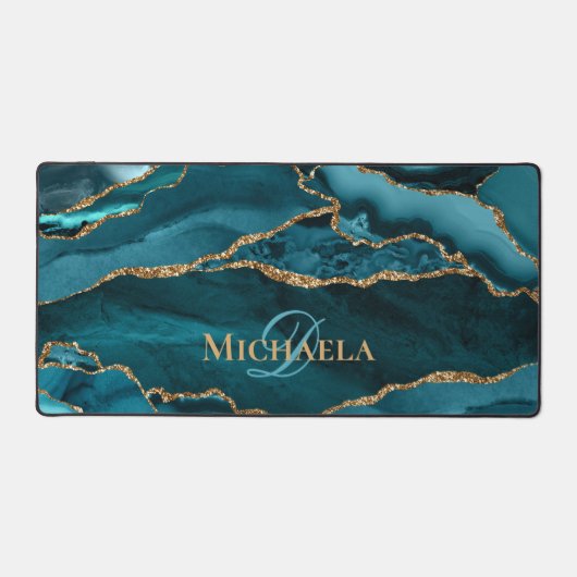 Turquoise Blauwgroen Agaat Geode Goud Glitter Mono Bureaumat (Voorkant)