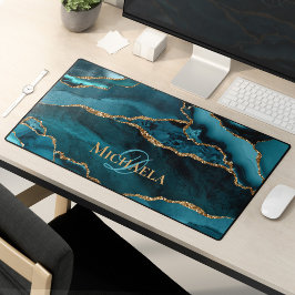 Turquoise Blauwgroen Agaat Geode Goud Glitter Mono Bureaumat