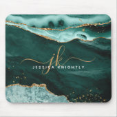 Turquoise Blauwgroen Agate Gold Glitter Script Mon Muismat (Voorkant)