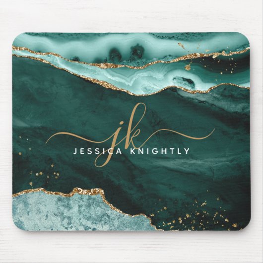 Turquoise Blauwgroen Agate Gold Glitter Script Mon Muismat (Voorkant)