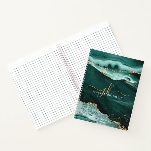 Turquoise Blauwgroen Agate Gold Glitter Script Mon Notitieboek (Binnen)