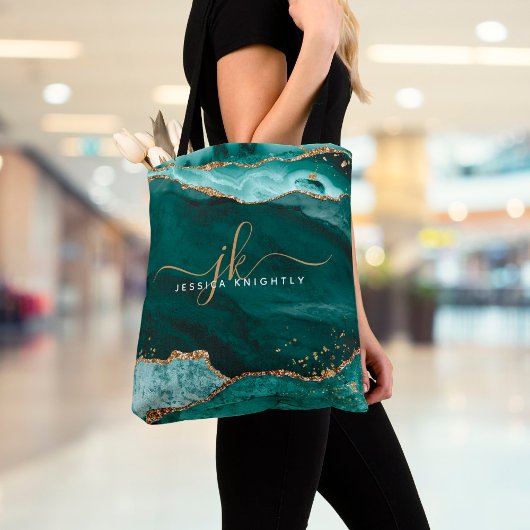Turquoise Blauwgroen Agate Gold Glitter Script Mon Tote Bag