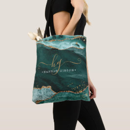 Turquoise Blauwgroen Agate Monogram Gold Glitter Tote Bag