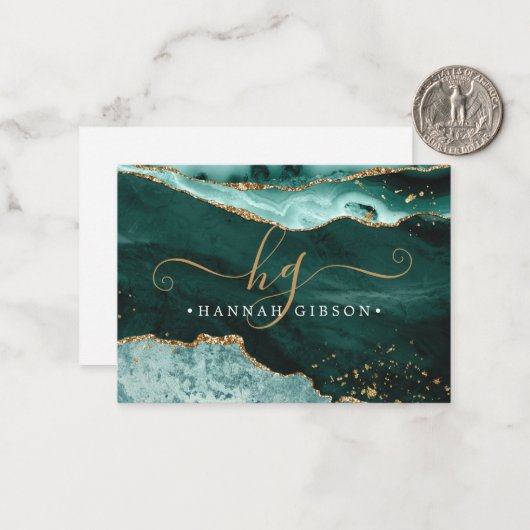 Turquoise Blauwgroen Agate Monogram Script Gold Gl Notitiekaartje (Voorkant / Achterkant in situ)