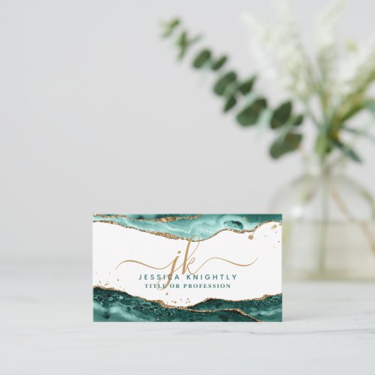 Turquoise Blauwgroen Agate Script Monogram Gold Gl Visitekaartje (Staand voorkant)