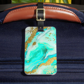 Turquoise Blauwgroen Alcoholinkt Faux Gold Custom Bagagelabel