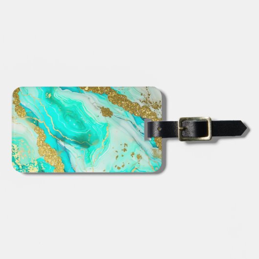 Turquoise Blauwgroen Alcoholinkt Faux Gold Custom Bagagelabel (Voorkant horizontaal)