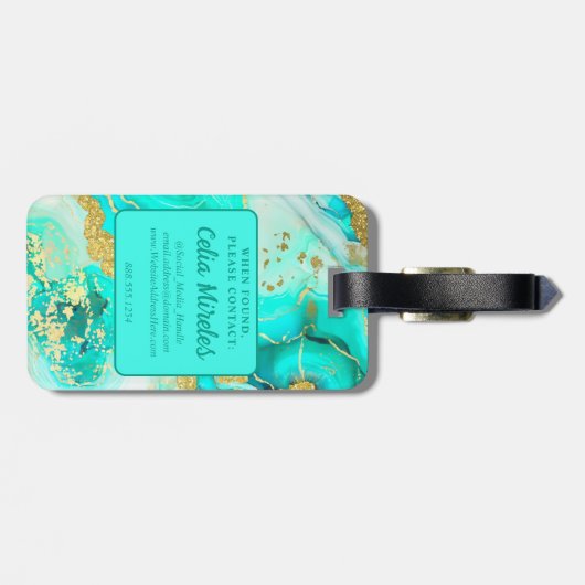 Turquoise Blauwgroen Alcoholinkt Faux Gold Custom Bagagelabel (Achterkant horizontaal)