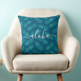 Turquoise Blauwgroen Aloha Script Pineapple Patter Kussen