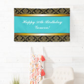 Turquoise Blauwgroen Any Age Gold Damask Birthday Spandoek (Insitu)