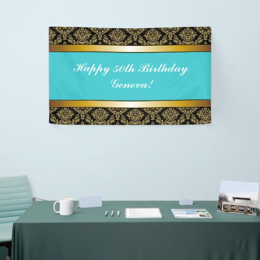 Turquoise Blauwgroen Any Age Gold Damask Birthday Spandoek (Beurs)