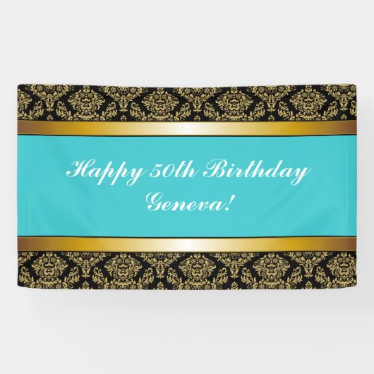 Turquoise Blauwgroen Any Age Gold Damask Birthday Spandoek (Horizontaal)
