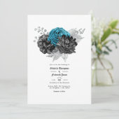 Turquoise - Blauwgroen Black en Silver Floral Kaart (Staand voorkant)