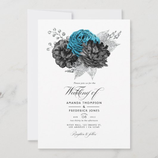  Turquoise - Blauwgroen Black en Silver Floral Kaart (Voorkant)
