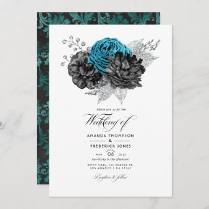 Turquoise - Blauwgroen Black en Silver Floral Kaart
