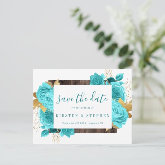 Turquoise Blauwgroen Blauw Aqua Gold Floral Bewaar Briefkaart (Staand voorkant)
