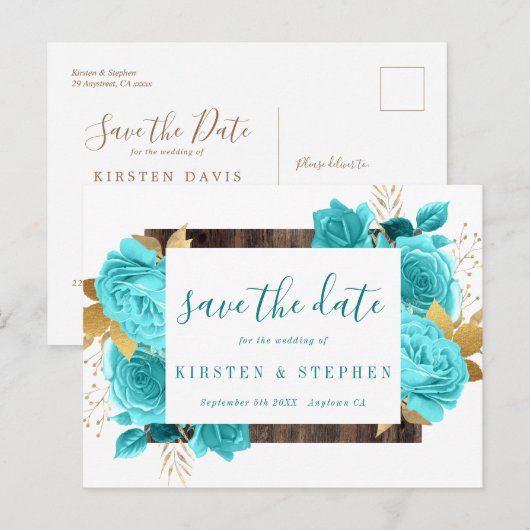 Turquoise Blauwgroen Blauw Aqua Gold Floral Bewaar Briefkaart (Voorkant / Achterkant)