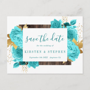 Turquoise Blauwgroen Blauw Aqua Gold Floral Bewaar Briefkaart