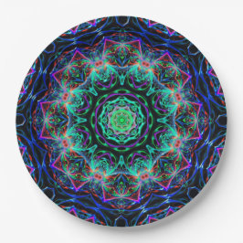 Turquoise Blauwgroen Blauw Fractal Mandala Patroon Papieren Bordje
