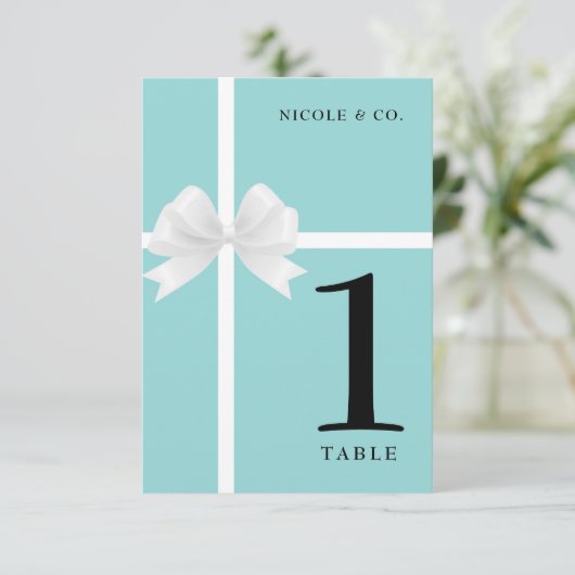 Turquoise Blauwgroen Blauw & Wit Bow Tafelnummers (Staand voorkant)
