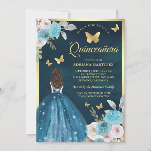 Turquoise Blauwgroen Bloemen Vlinder Goud Quincean Kaart (Voorkant)