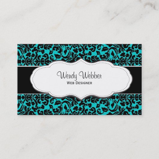 Turquoise/Blauwgroen Blue Damask Visitekaartjes (Voorkant)
