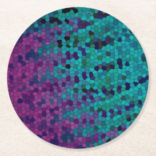 Turquoise Blauwgroen Blue en Paars Violet Mosaic Ronde Kartonnen Onderzetter