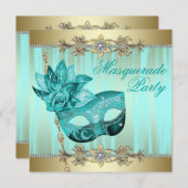 Turquoise Blauwgroen Blue Masquerade Party Invitat Kaart (Voorkant / Achterkant)