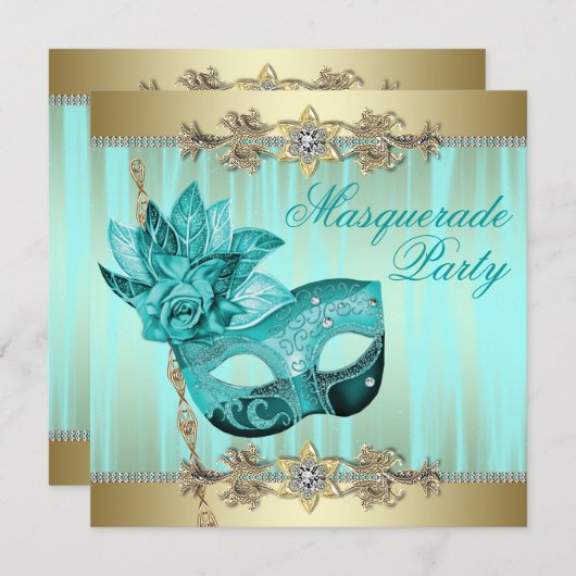 Turquoise Blauwgroen Blue Masquerade Party Invitat Kaart (Voorkant / Achterkant)