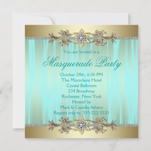 Turquoise Blauwgroen Blue Masquerade Party Invitat Kaart (Achterkant)