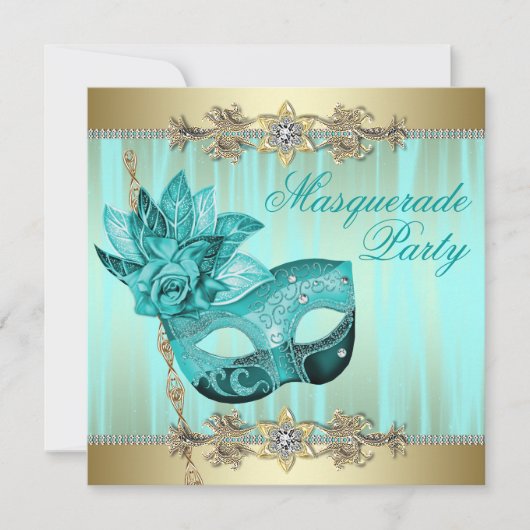 Turquoise Blauwgroen Blue Masquerade Party Invitat Kaart (Voorkant)