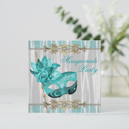 Turquoise Blauwgroen Blue Masquerade Party Invitat Kaart (Staand voorkant)