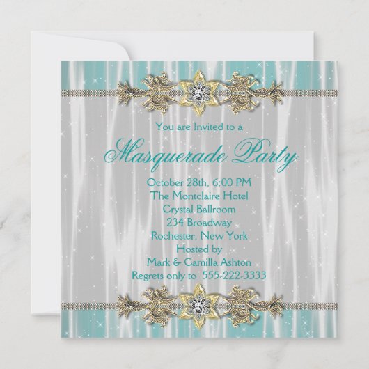 Turquoise Blauwgroen Blue Masquerade Party Invitat Kaart (Achterkant)