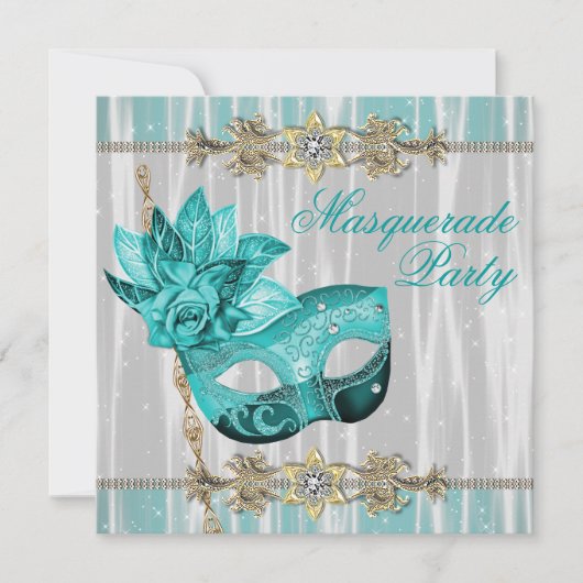 Turquoise Blauwgroen Blue Masquerade Party Invitat Kaart (Voorkant)