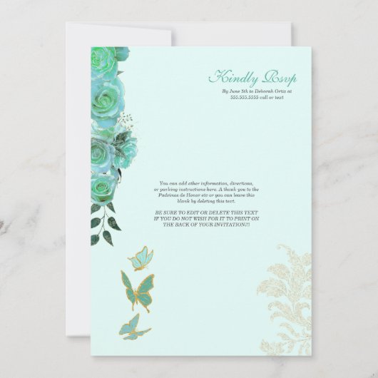 Turquoise Blauwgroen Blue Rozen Butterfly Quincean Kaart (Achterkant)