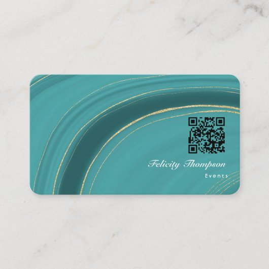 Turquoise - Blauwgroen en Gold Agate QR-code Visitekaartje (Voorkant)