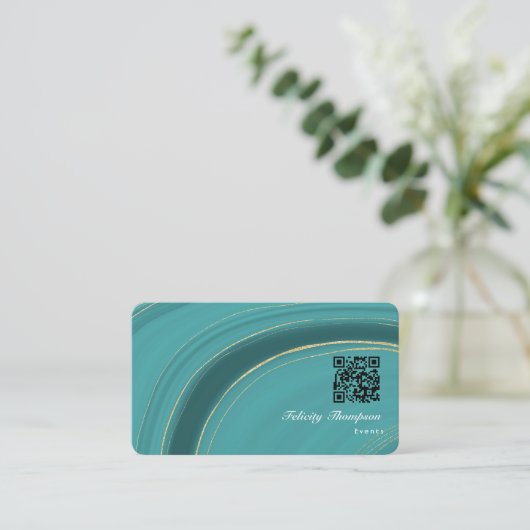 Turquoise - Blauwgroen en Gold Agate QR-code Visitekaartje (Staand voorkant)