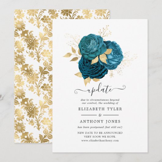Turquoise - Blauwgroen en Gold Floral Wedding Upda Kaart (Voorkant / Achterkant)