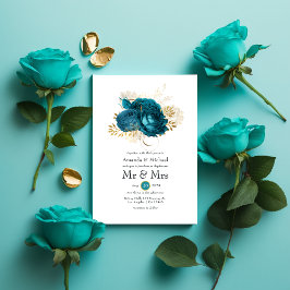 Turquoise - Blauwgroen en gouden Floral Wedding Kaart