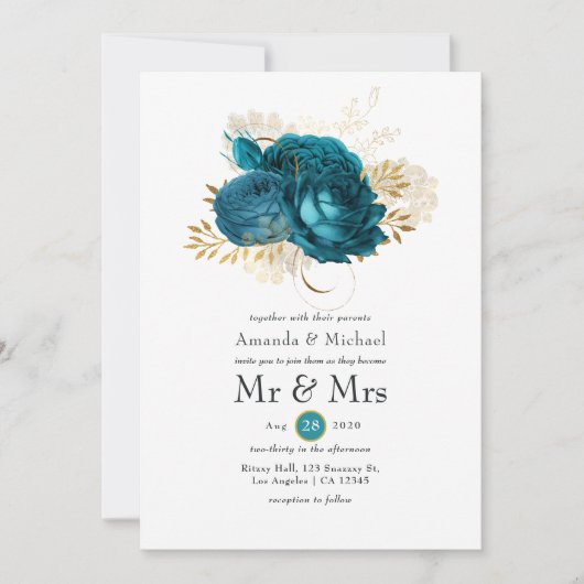 Turquoise - Blauwgroen en gouden Floral Wedding Kaart (Voorkant)