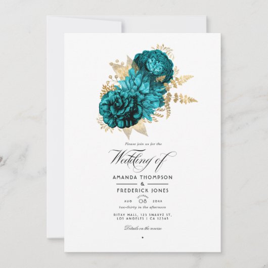 Turquoise - Blauwgroen en goudFloral Wedding Kaart (Voorkant)